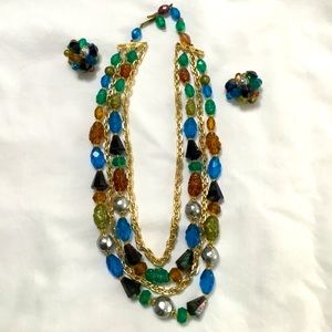 Vintage Necklace 18” with matching Earrings 1”;2 strands beads; 2 chain strands.